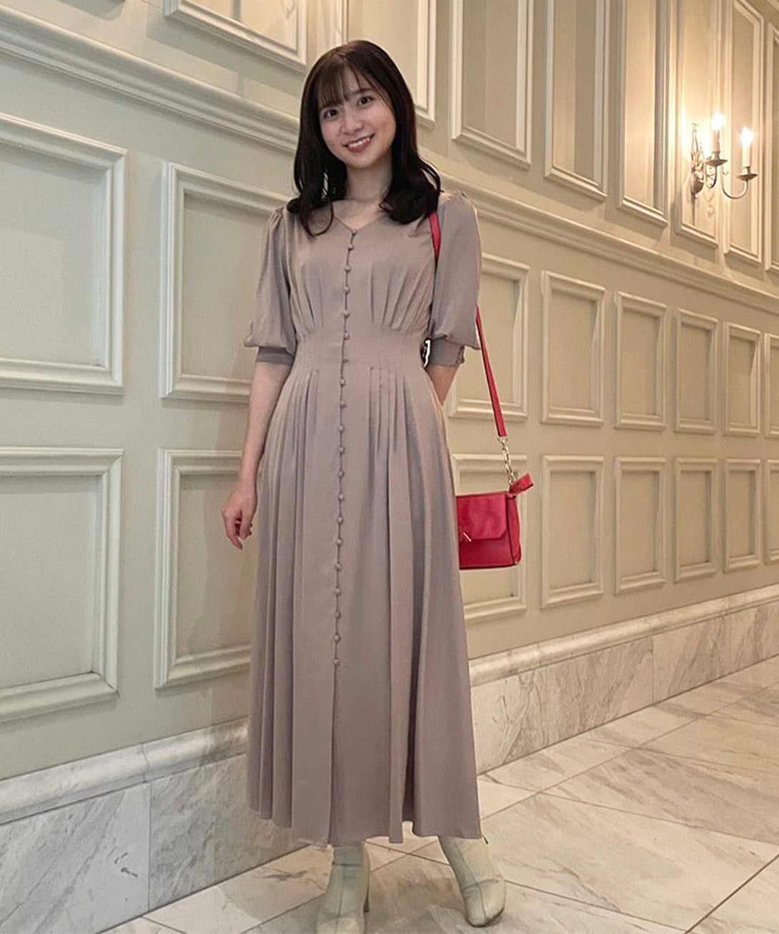 Kaho_158cm/マットサテンロングワンピース-haremode