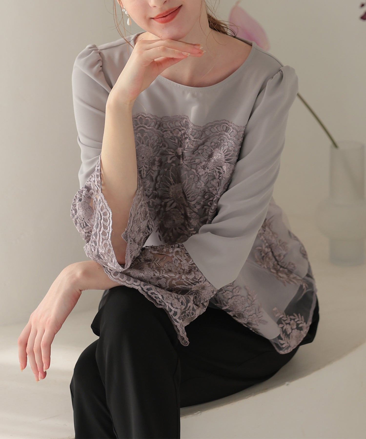 刺繍フレア袖パンツドレス/123528