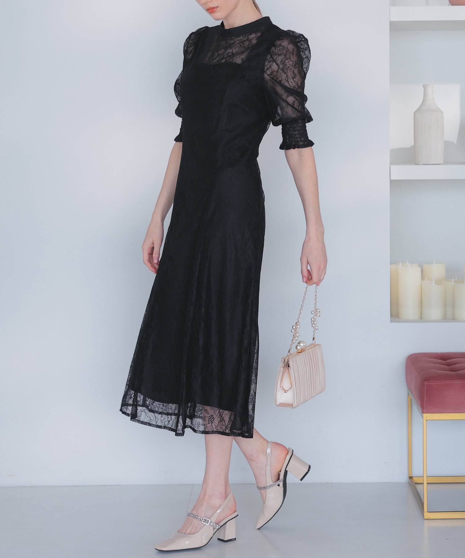 【SALE】総レースバックリボン付きドレス/22323205