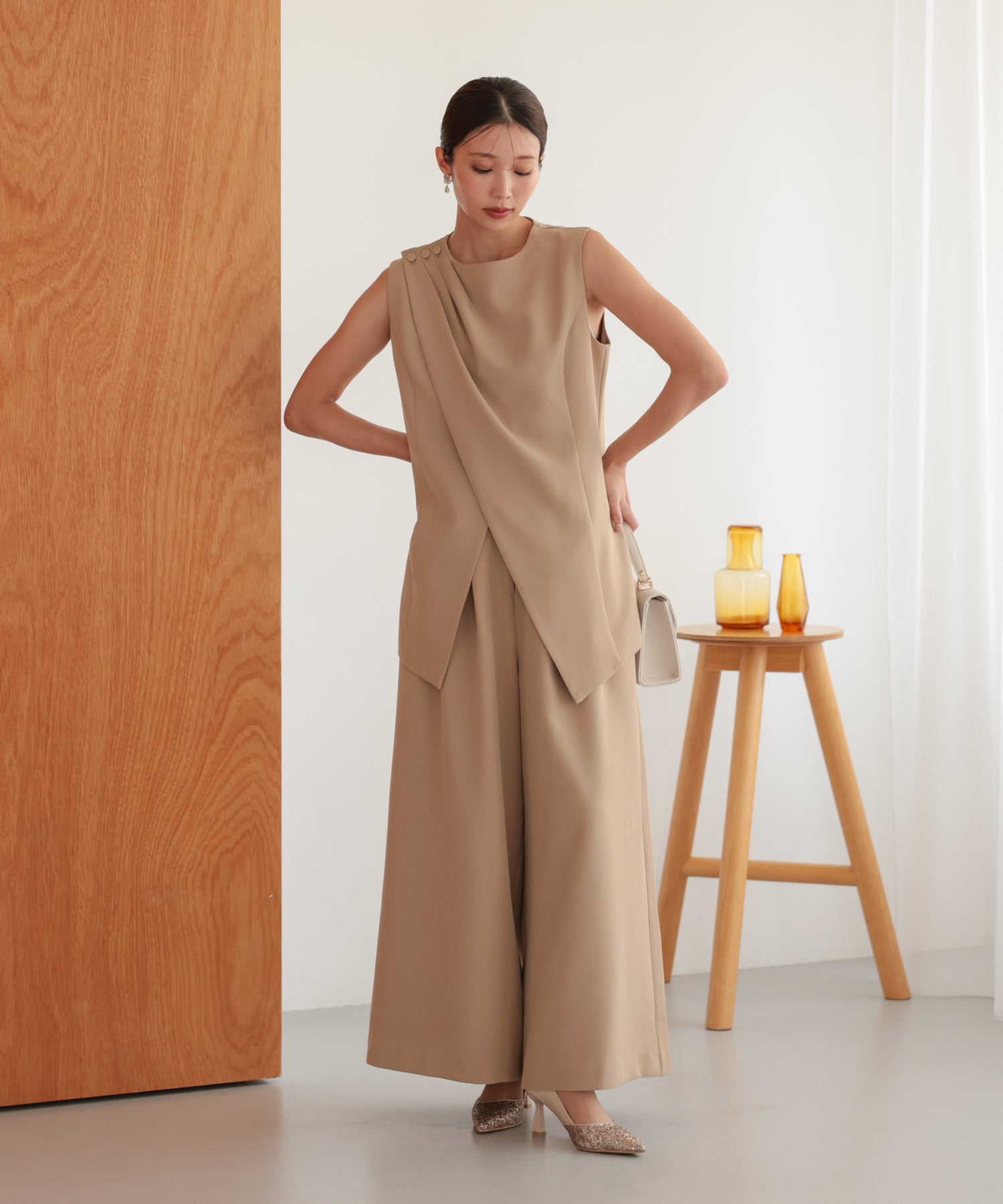 アシンメトリードレープパンツセットアップスーツ/22125609