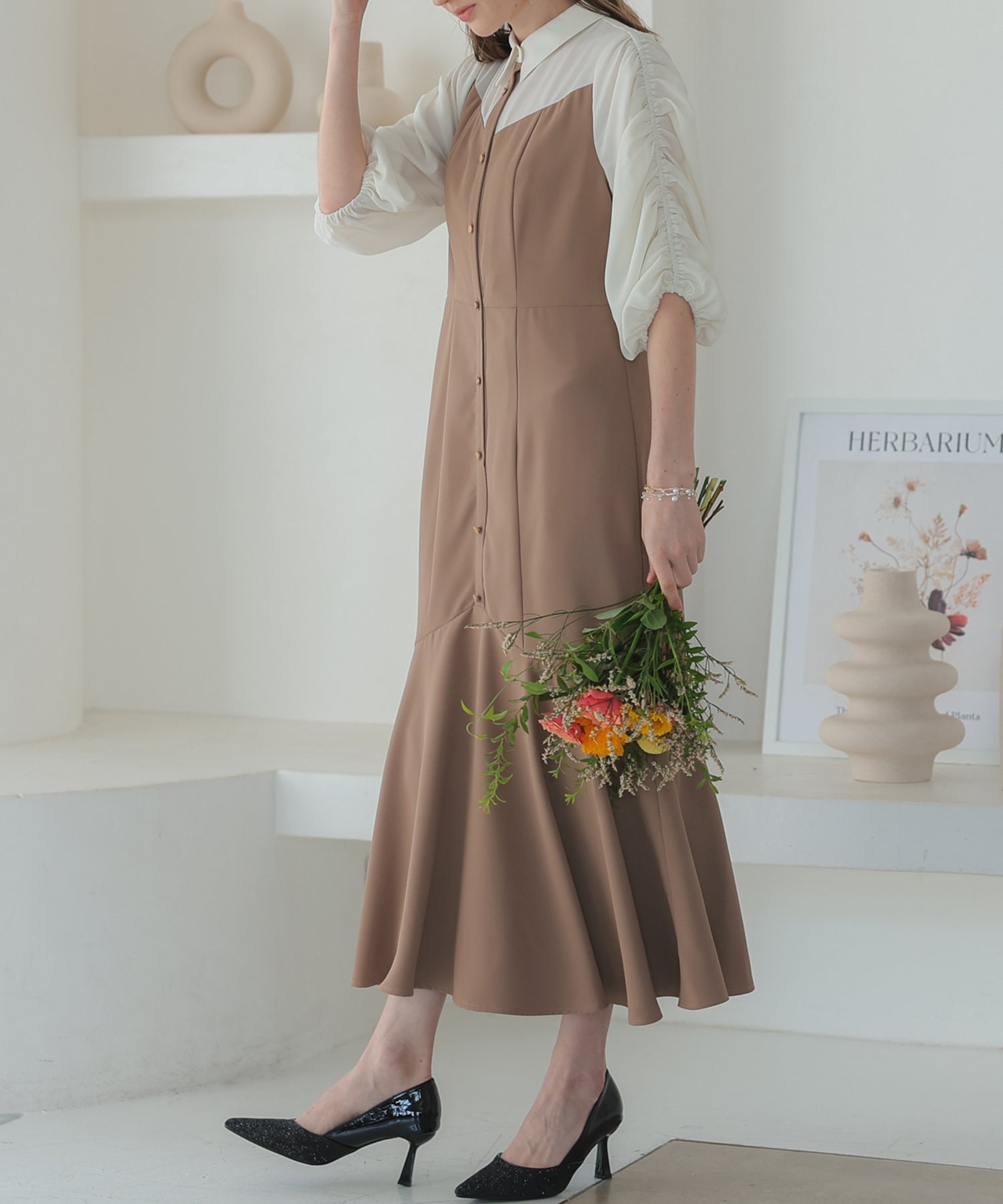 【SALE】シャツ風ギャザー袖マーメイドドレス/22323214