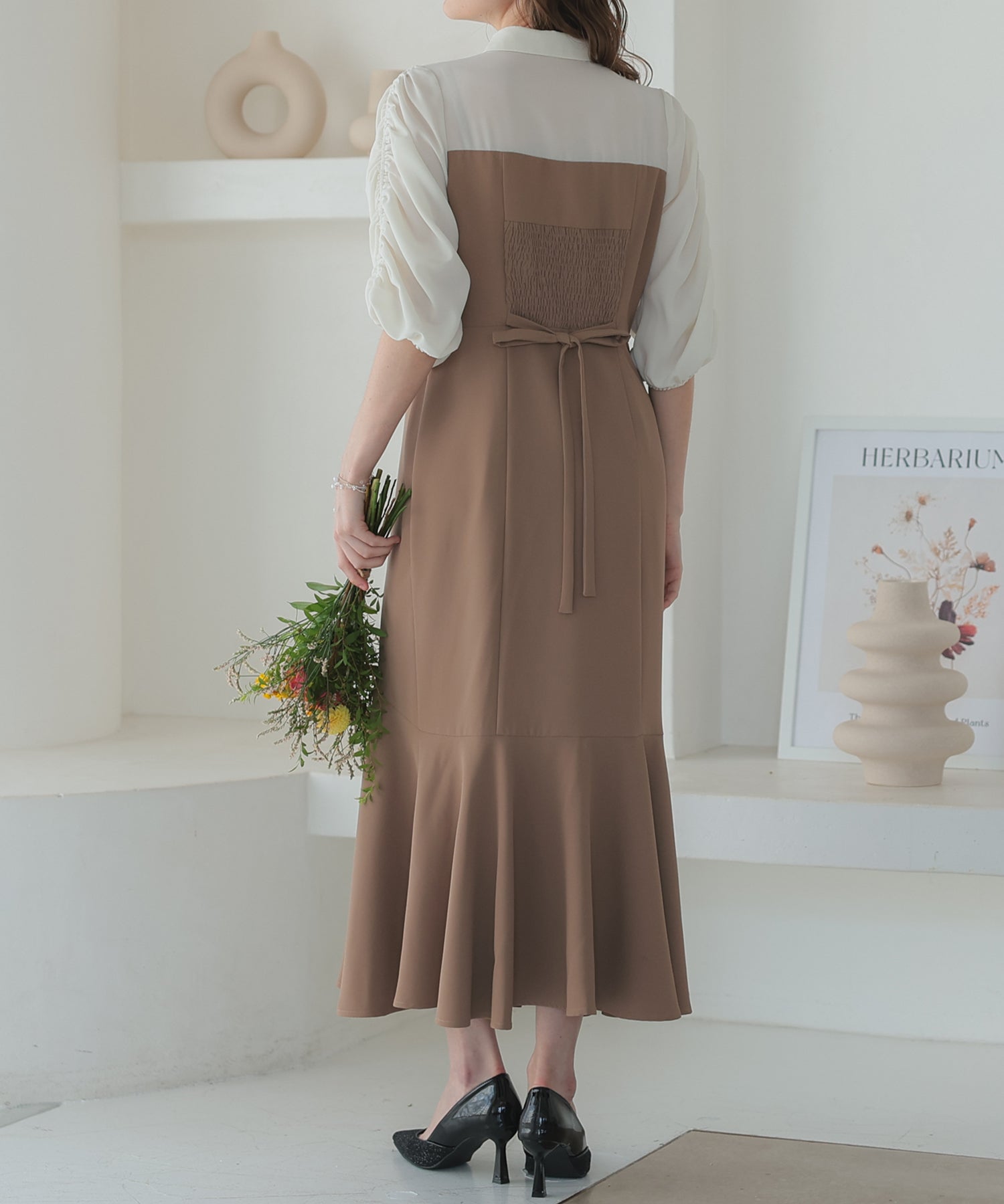 【SALE】シャツ風ギャザー袖マーメイドドレス/22323214