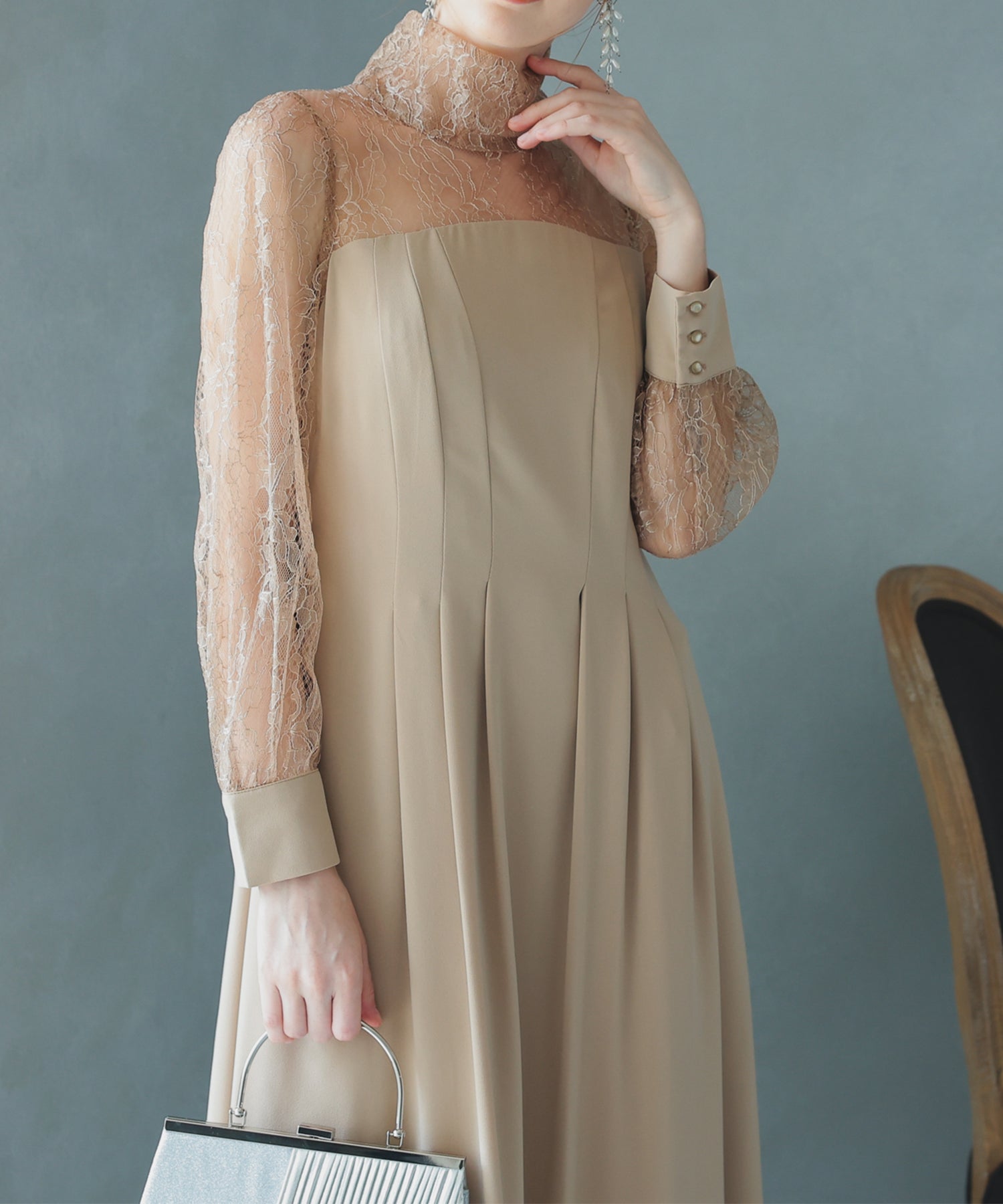 【SALE】ハイネック切替レースドレス/22323204