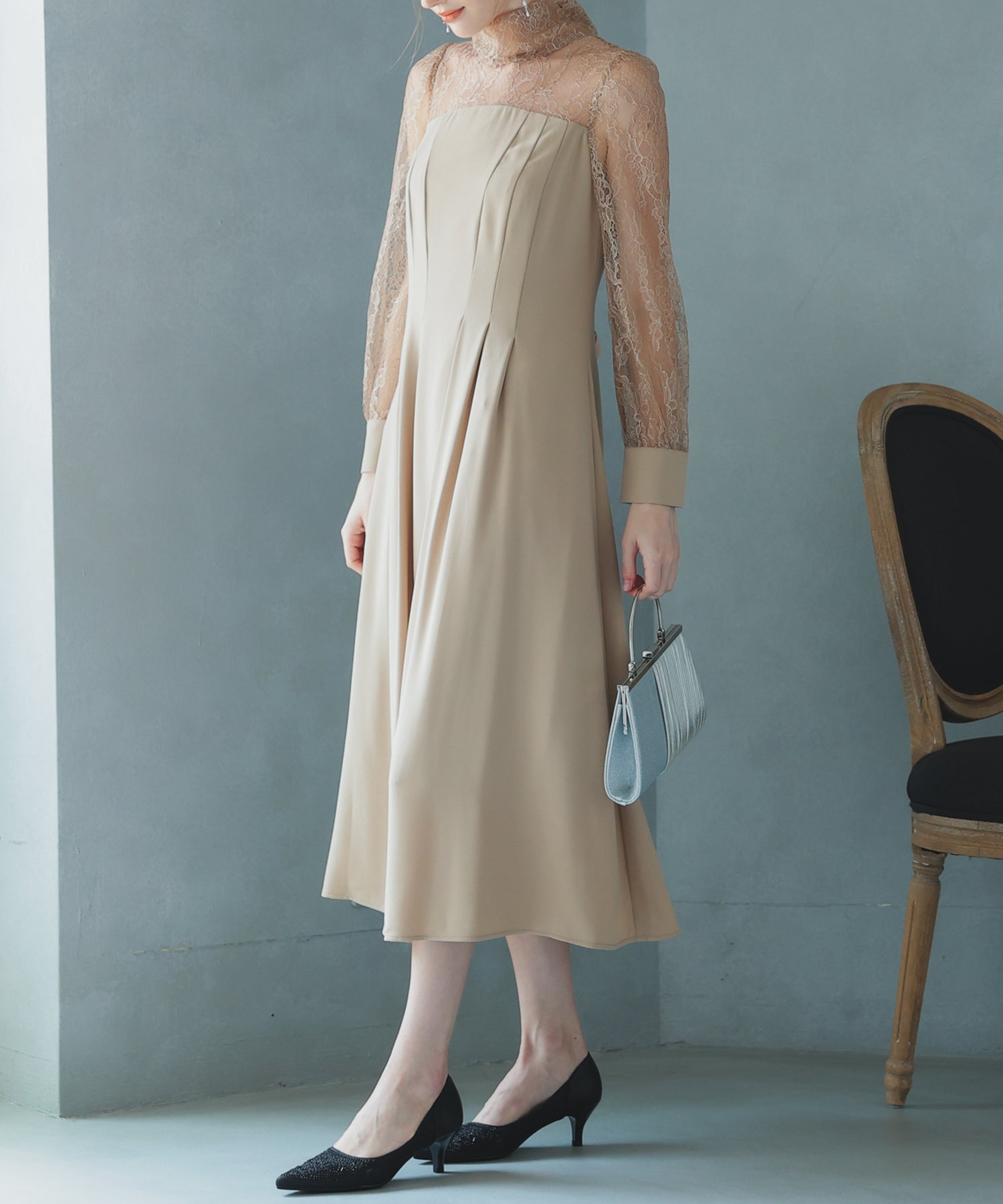 【SALE】ハイネック切替レースドレス/22323204