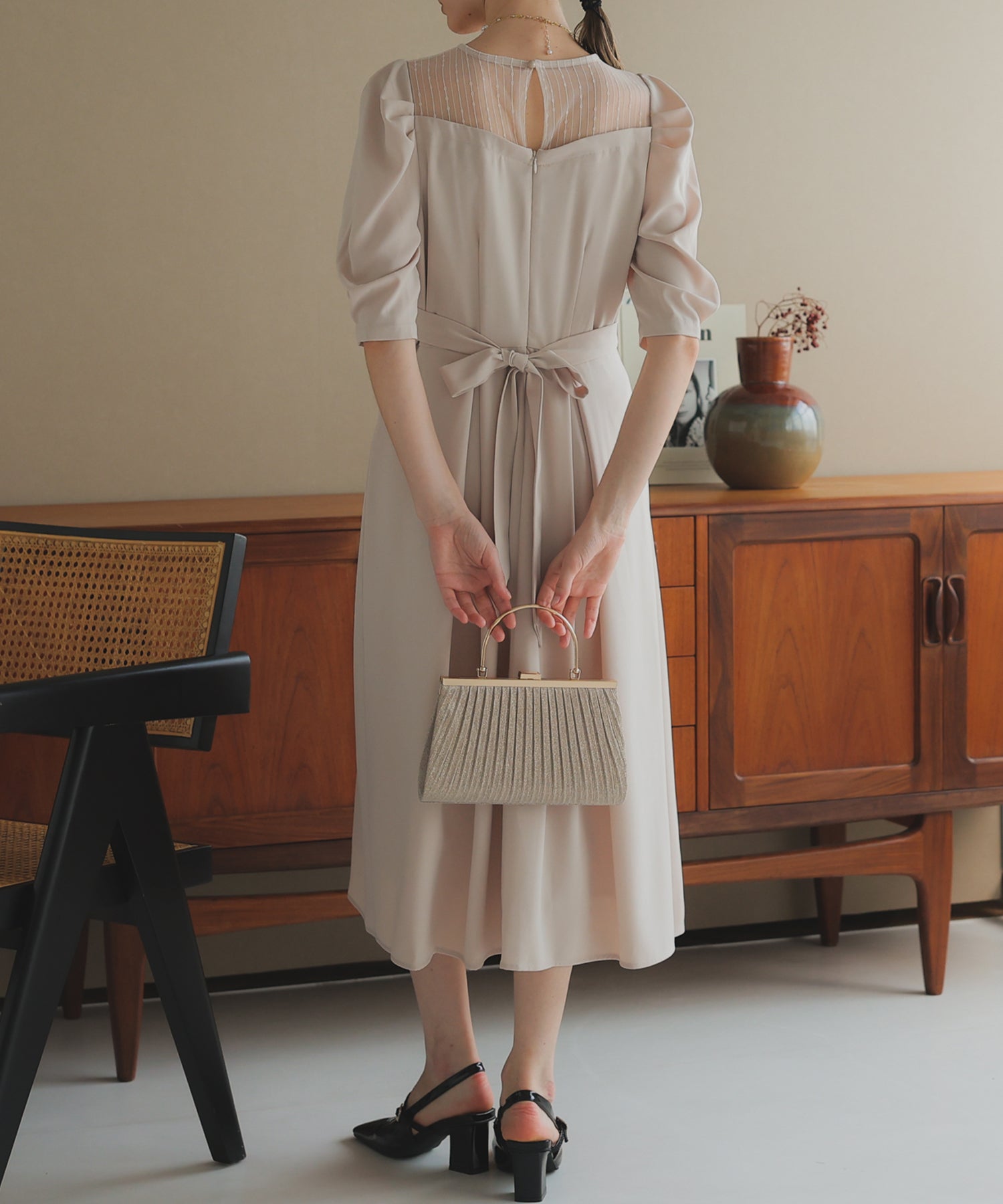 【SALE】リボンベルト付パフスリーブドレス/22323203