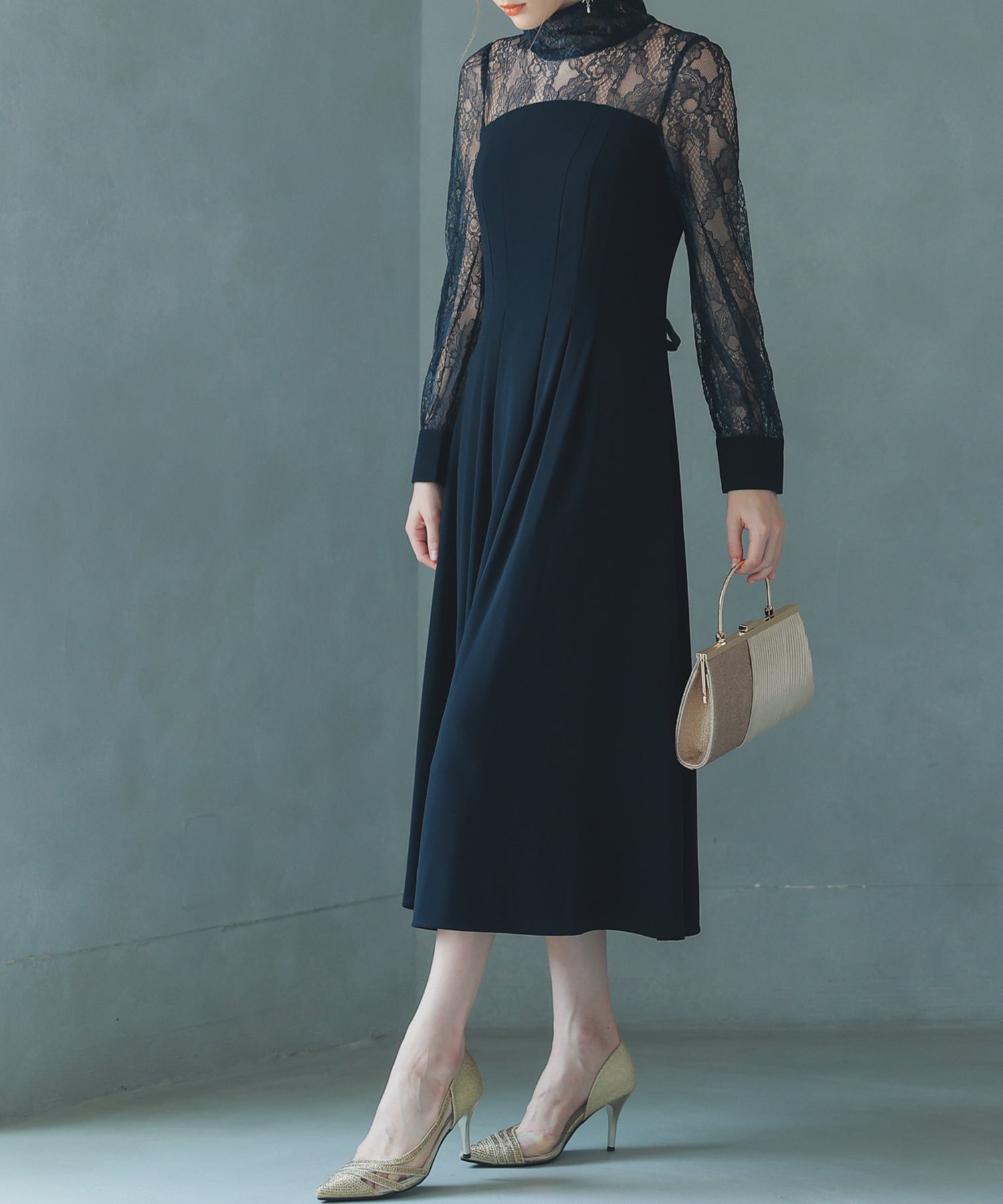 【SALE】ハイネック切替レースドレス/22323204