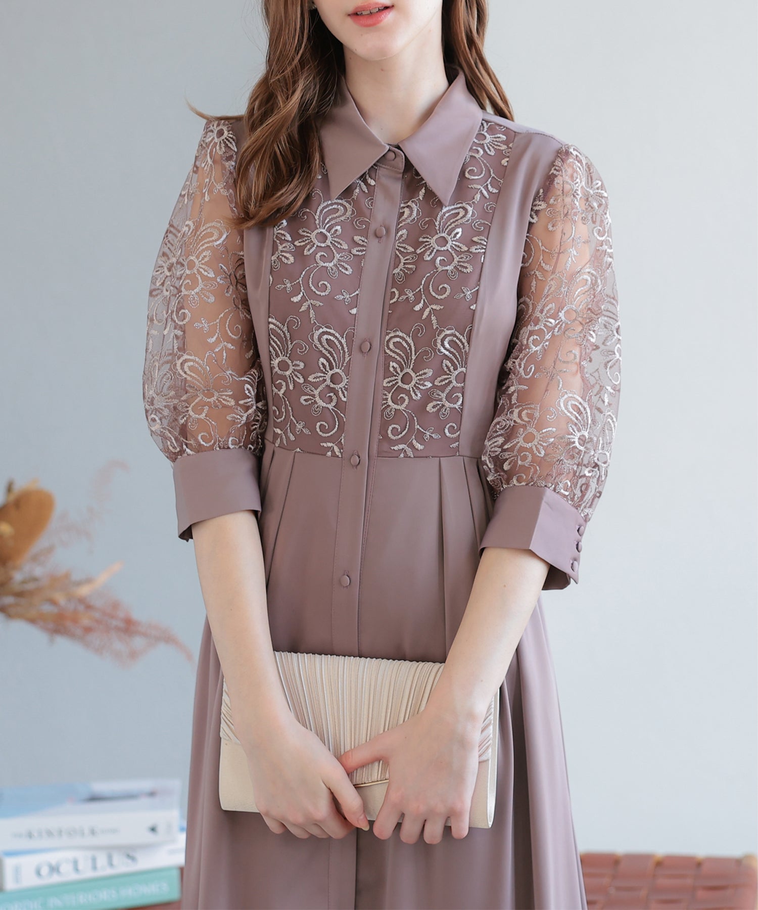 シャツ襟刺繍Aラインドレス/22323212