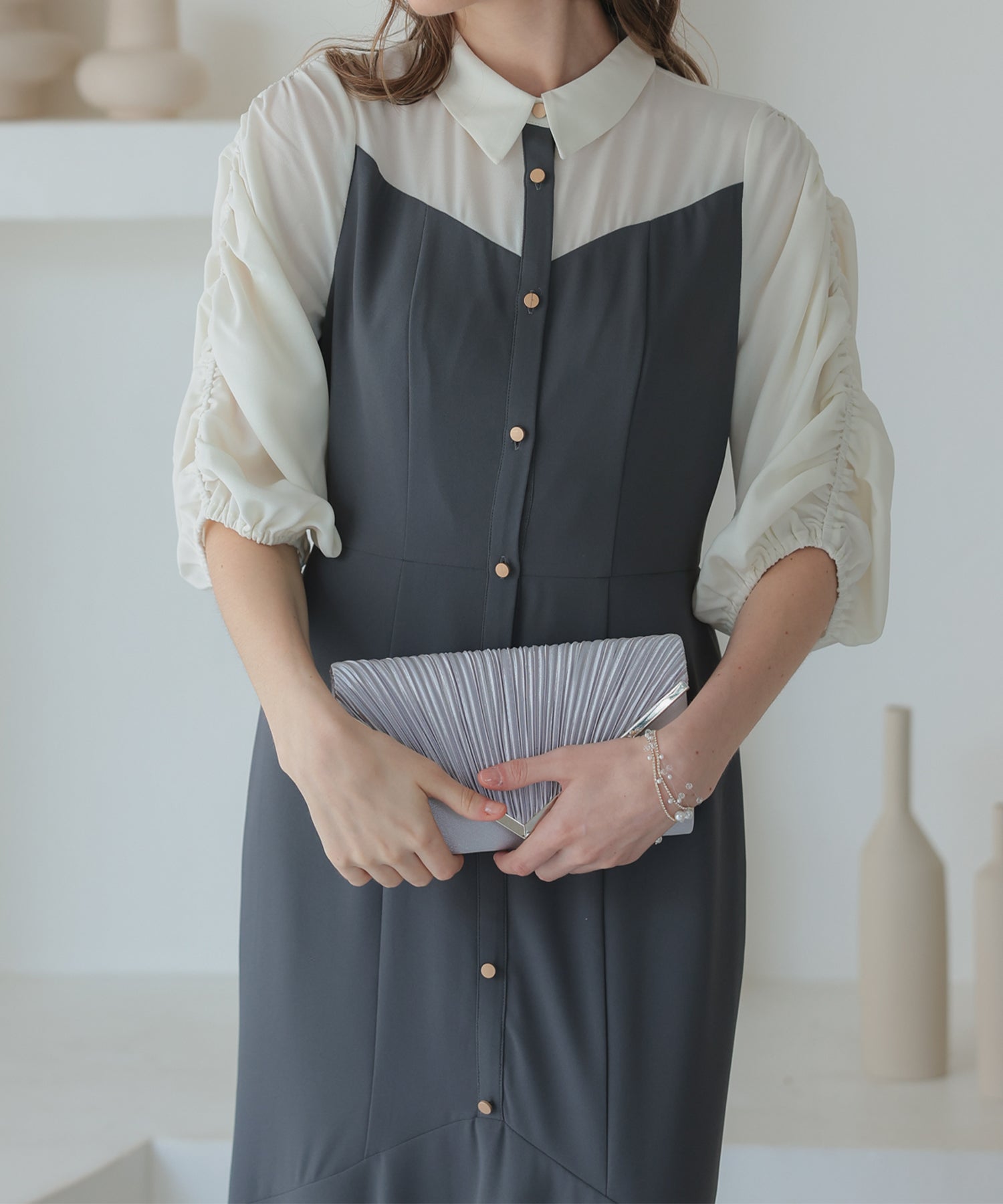 【SALE】シャツ風ギャザー袖マーメイドドレス/22323214