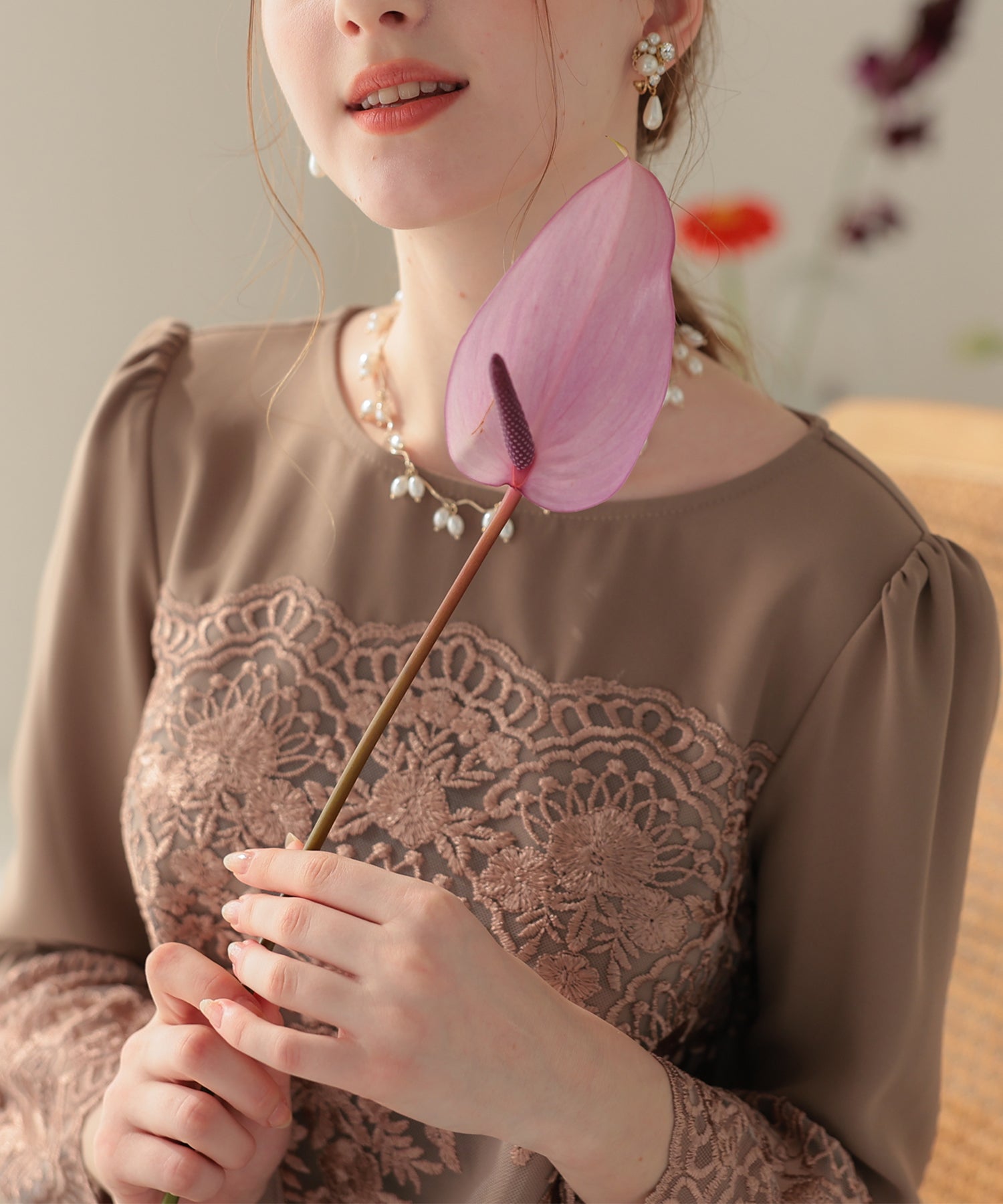 刺繍フレア袖パンツドレス/123528