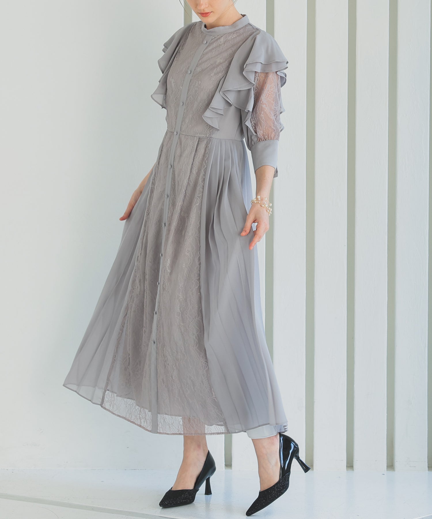 【SALE】フェミニンフリル7分袖レースドレス/22323219