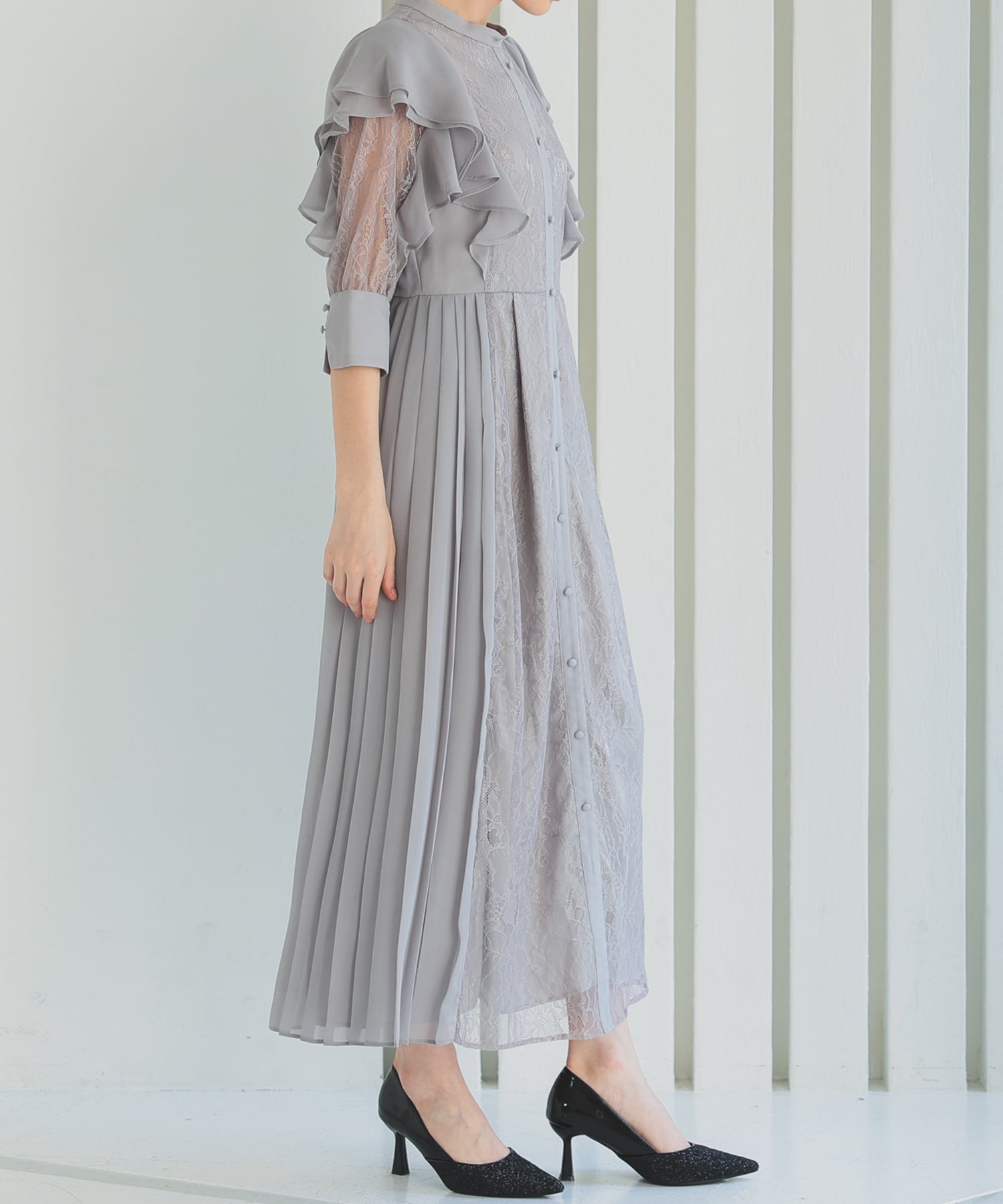 【SALE】フェミニンフリル7分袖レースドレス/22323219
