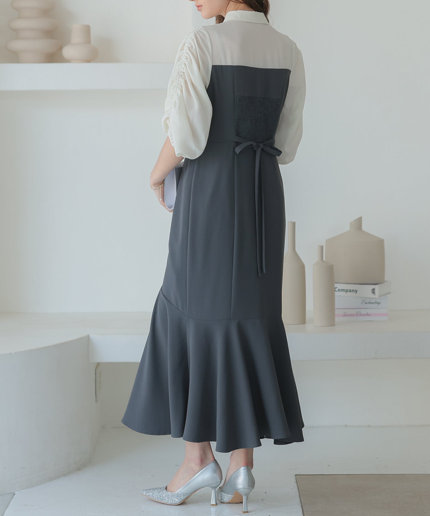 【SALE】シャツ風ギャザー袖マーメイドドレス/22323214