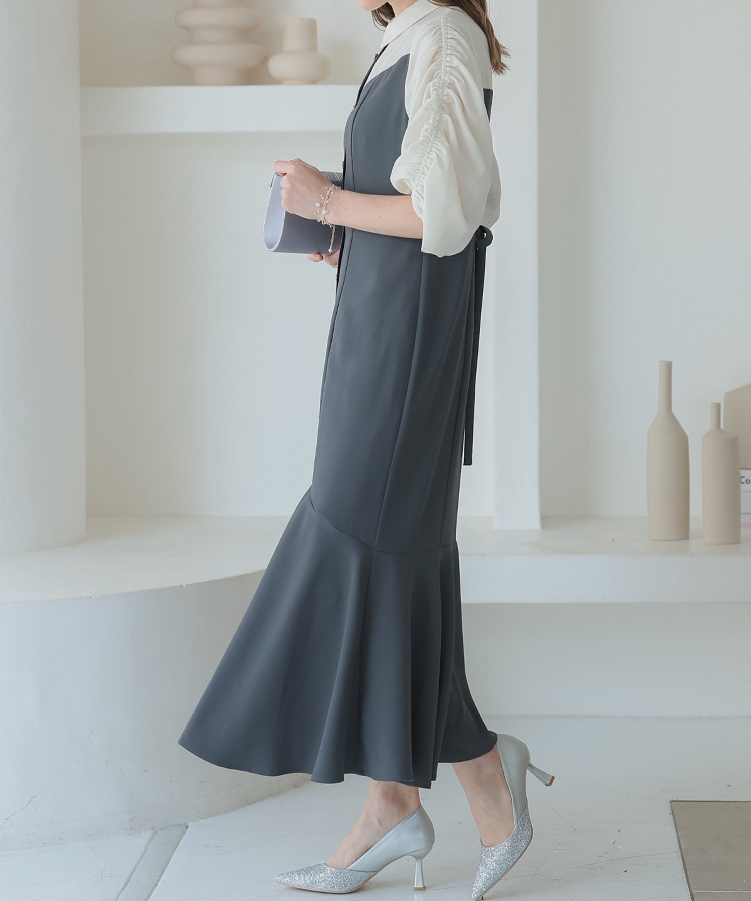【SALE】シャツ風ギャザー袖マーメイドドレス/22323214
