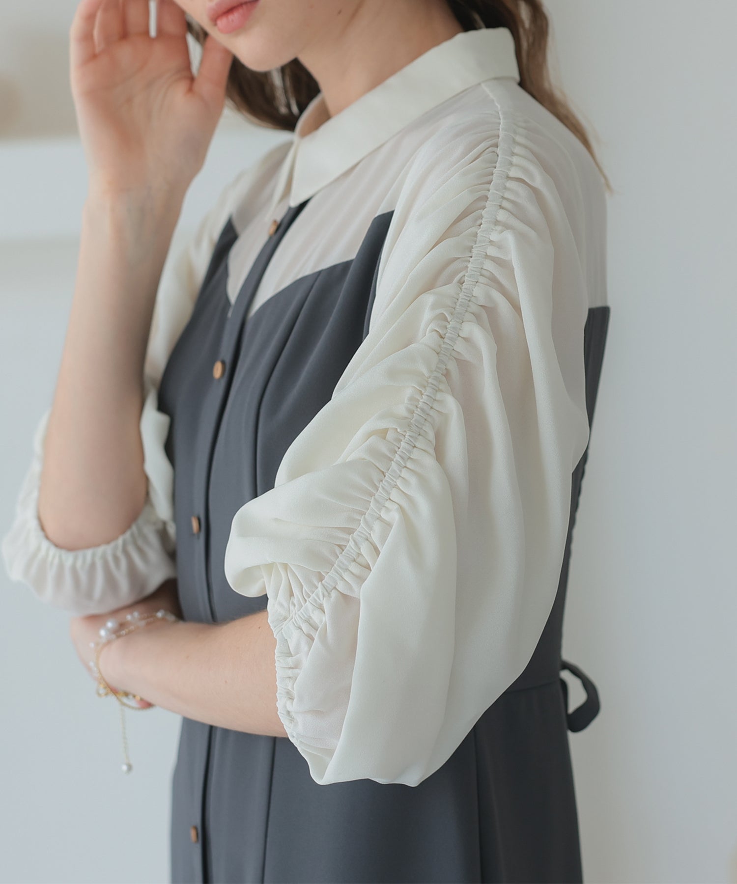 【SALE】シャツ風ギャザー袖マーメイドドレス/22323214