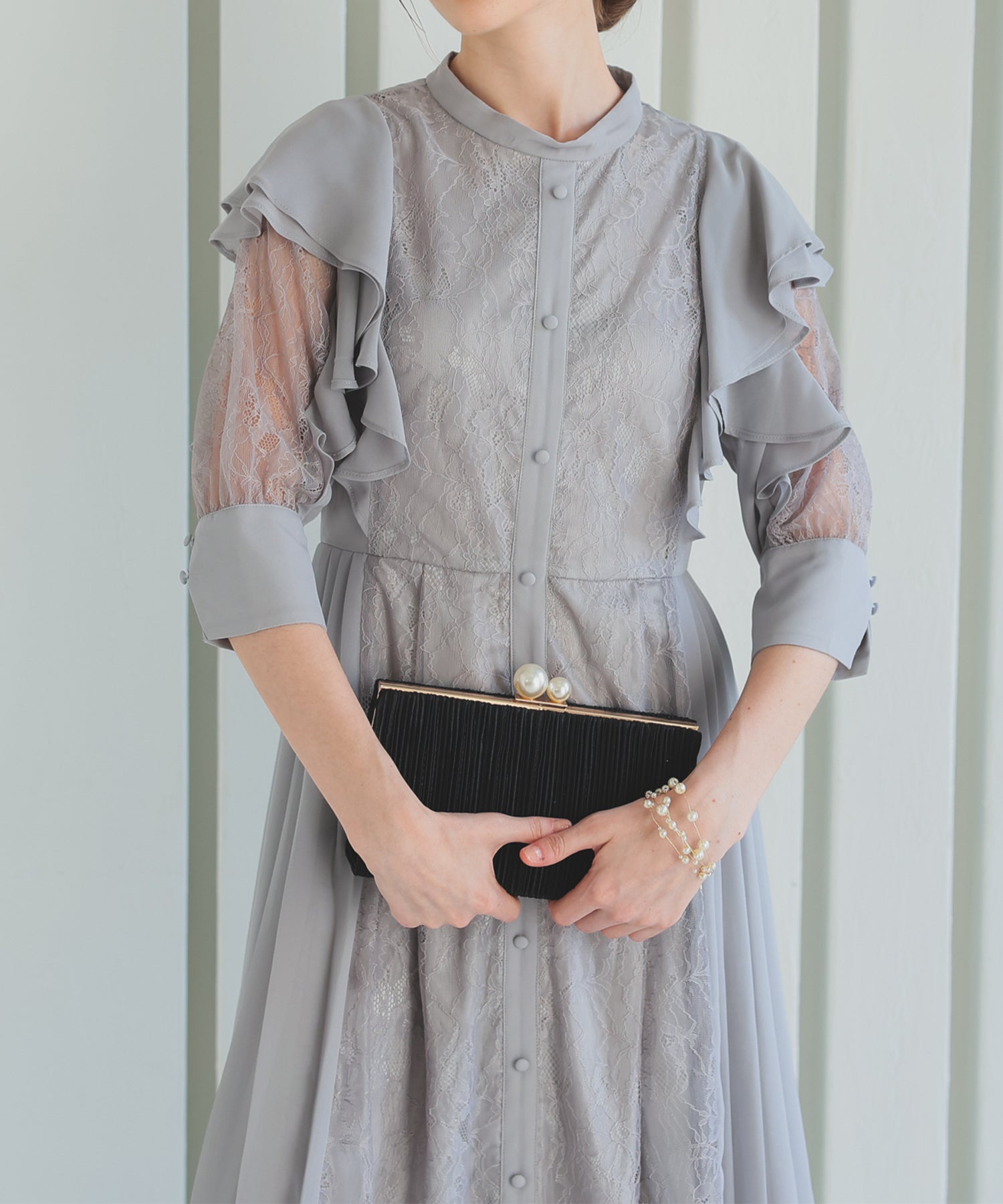 【SALE】フェミニンフリル7分袖レースドレス/22323219