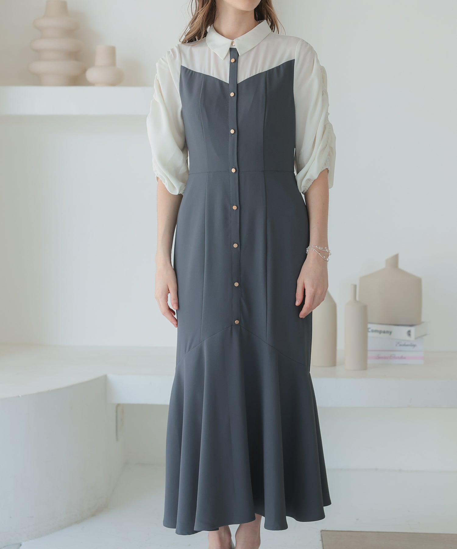 【SALE】シャツ風ギャザー袖マーメイドドレス/22323214