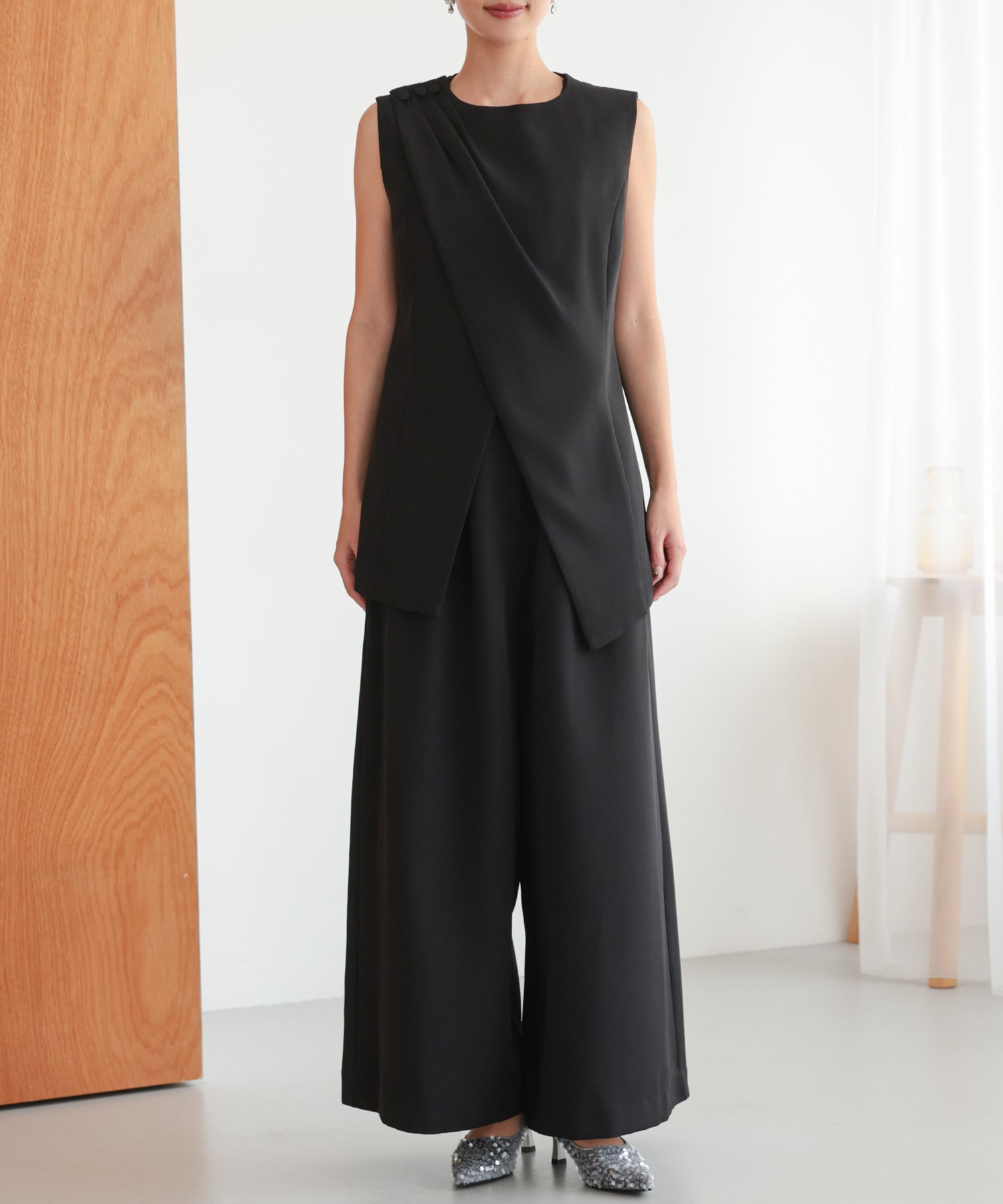 アシンメトリードレープパンツセットアップスーツ/22125609