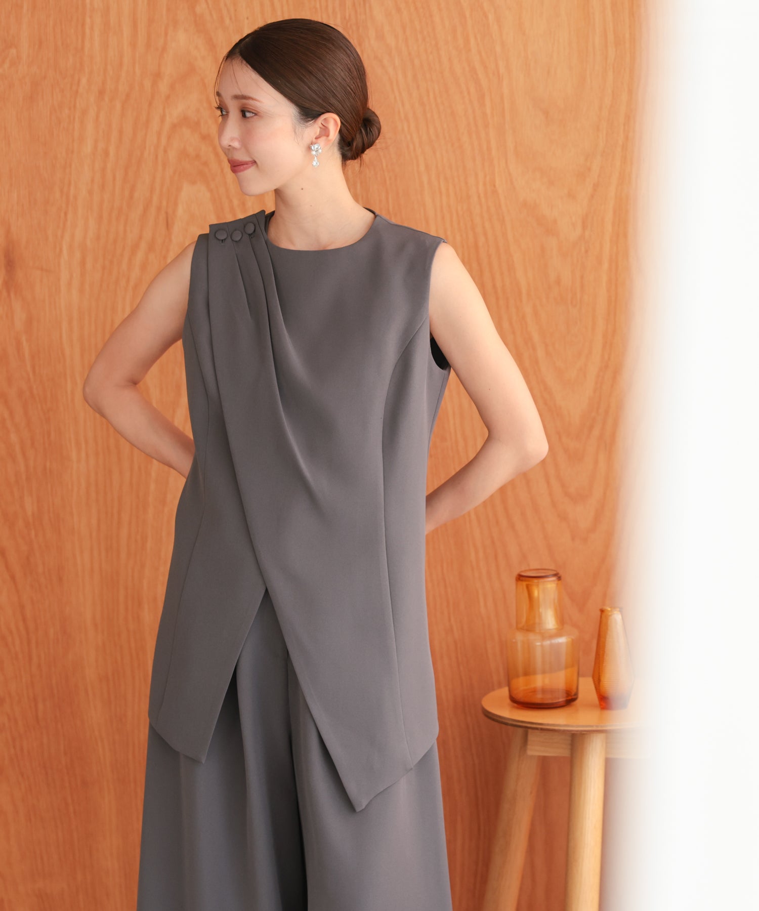 アシンメトリードレープパンツセットアップスーツ/22125609