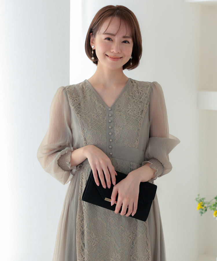 【SALE】楊柳シフォンとレース組み合わせドレス/22322197