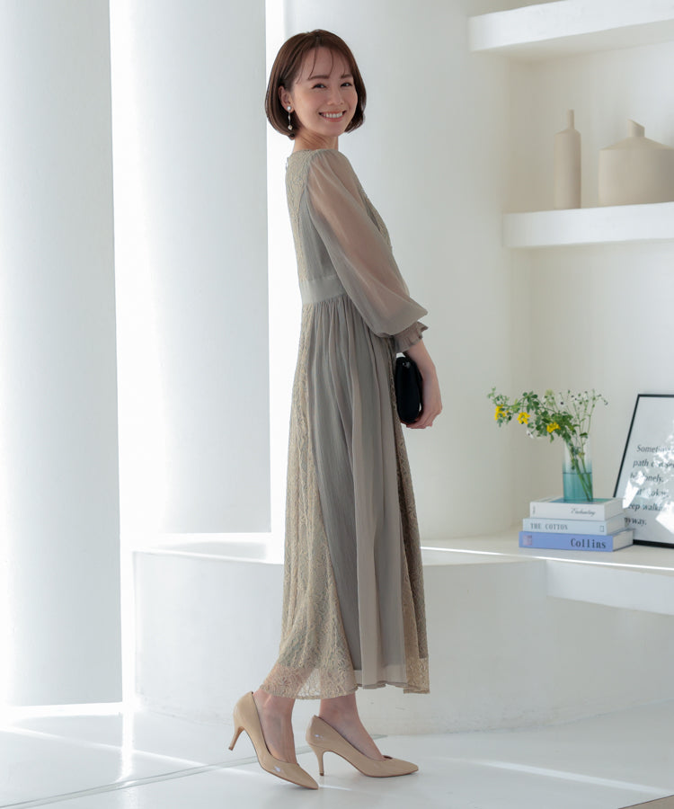 【SALE】楊柳シフォンとレース組み合わせドレス/22322197