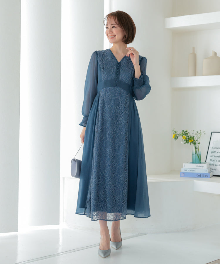 【SALE】楊柳シフォンとレース組み合わせドレス/22322197
