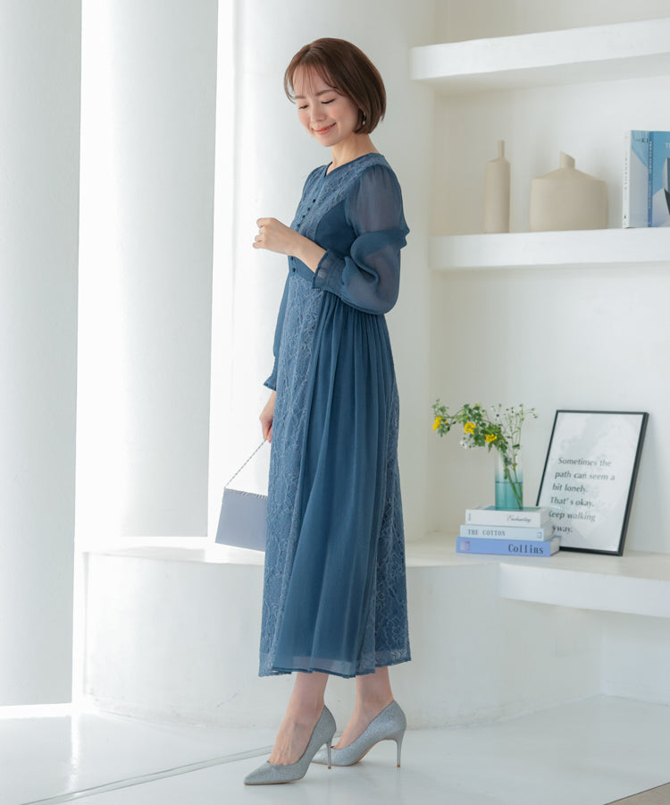 【SALE】楊柳シフォンとレース組み合わせドレス/22322197