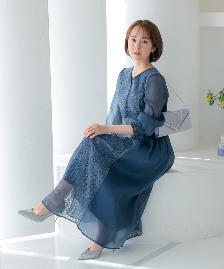 【SALE】楊柳シフォンとレース組み合わせドレス/22322197