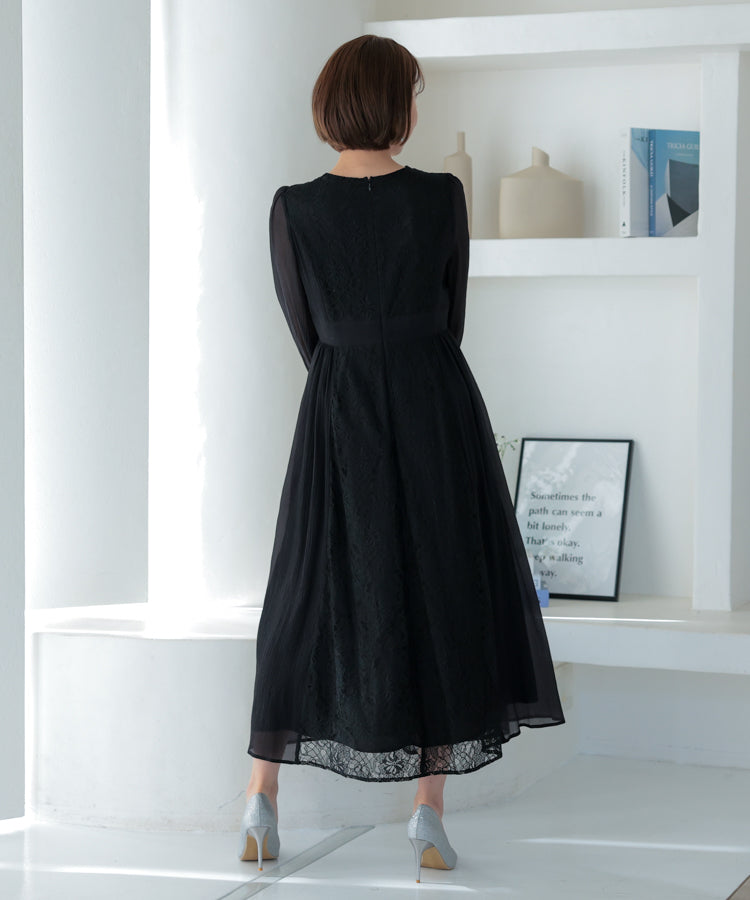 【SALE】楊柳シフォンとレース組み合わせドレス/22322197