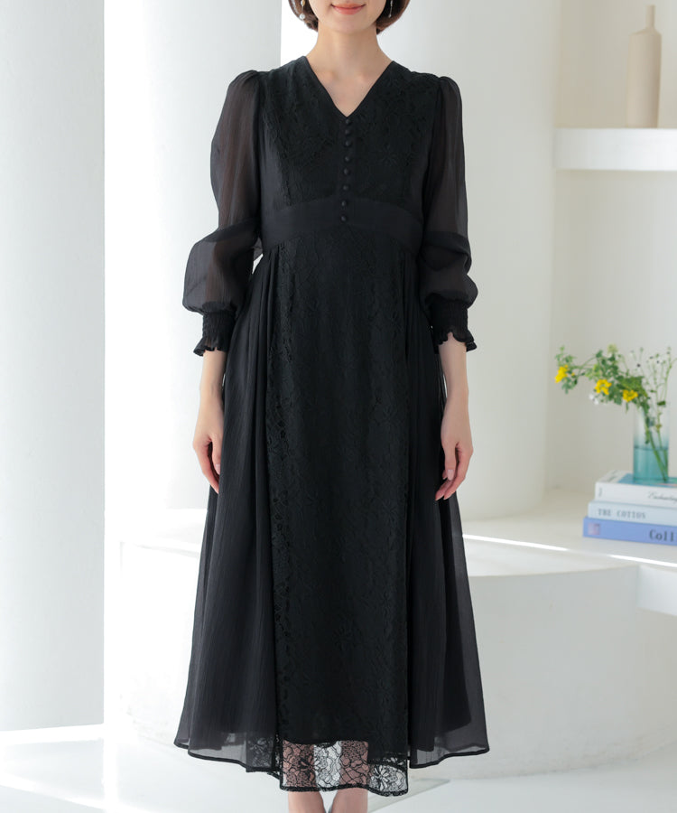 【SALE】楊柳シフォンとレース組み合わせドレス/22322197