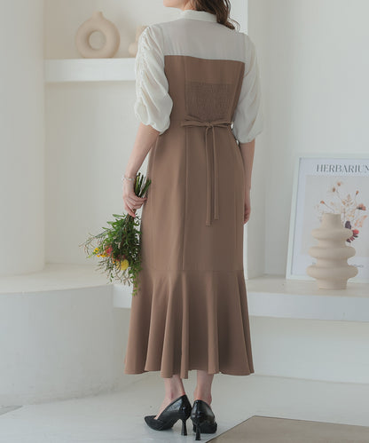 【SALE】シャツ風ギャザー袖マーメイドドレス/22323214
