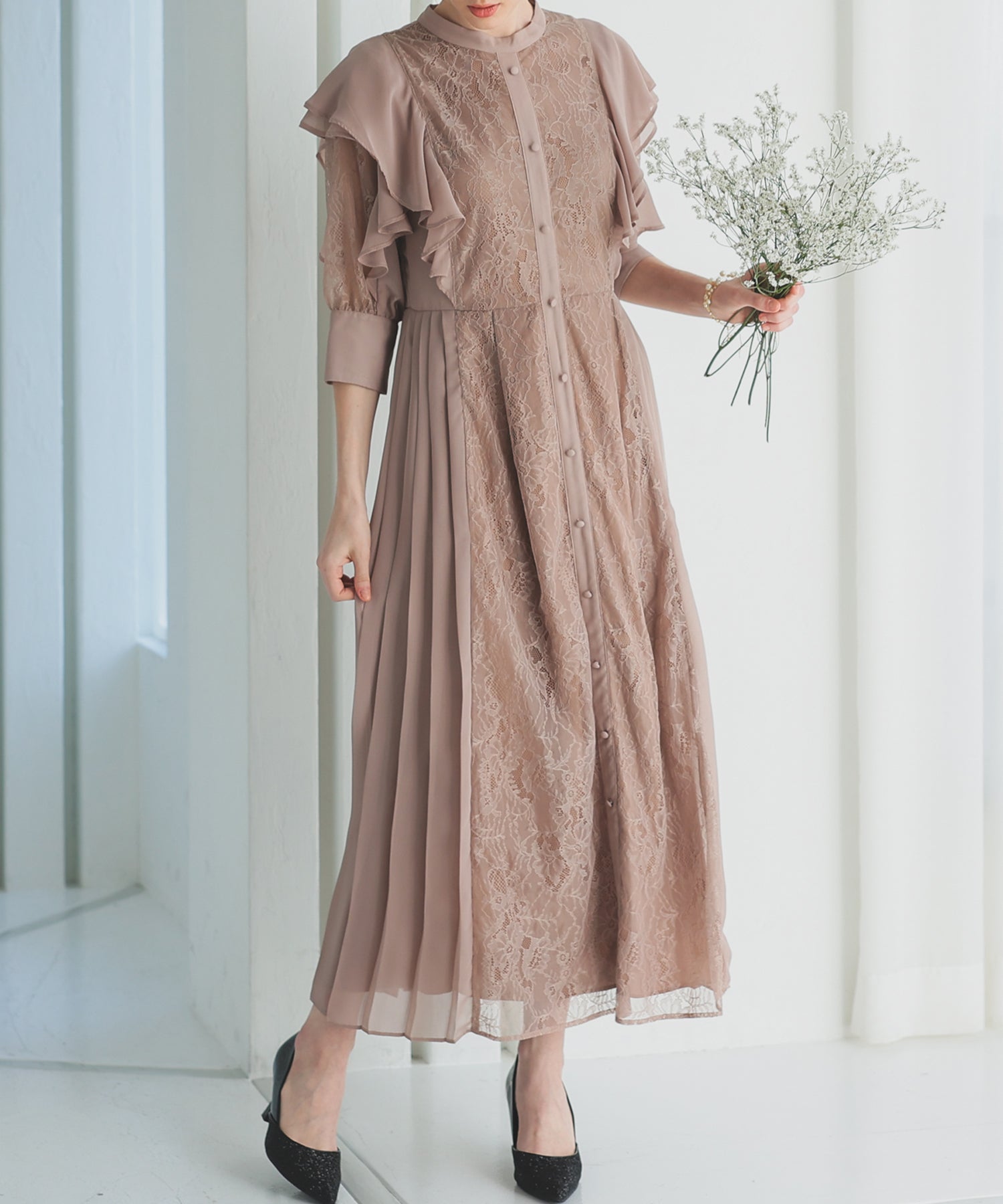【SALE】フェミニンフリル7分袖レースドレス/22323219