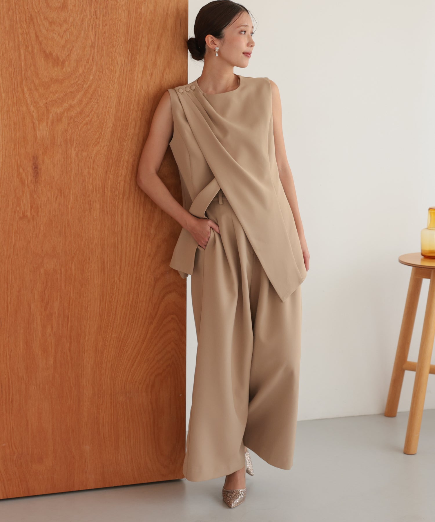 アシンメトリードレープパンツセットアップスーツ/22125609