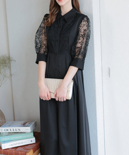 シャツ襟刺繍Aラインドレス/22323212