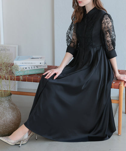シャツ襟刺繍Aラインドレス/22323212