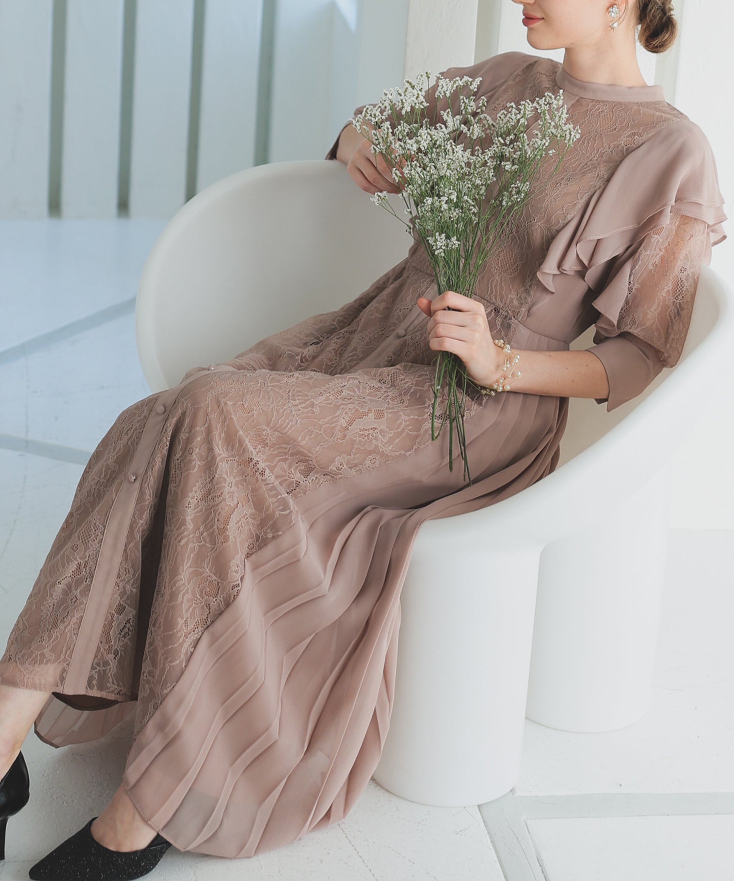 ハレモード　タグ付き　結婚式ドレス 結婚式・お呼ばれドレス｜フェミニンフリル7分袖レースドレス