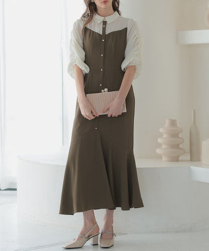 【SALE】シャツ風ギャザー袖マーメイドドレス/22323214