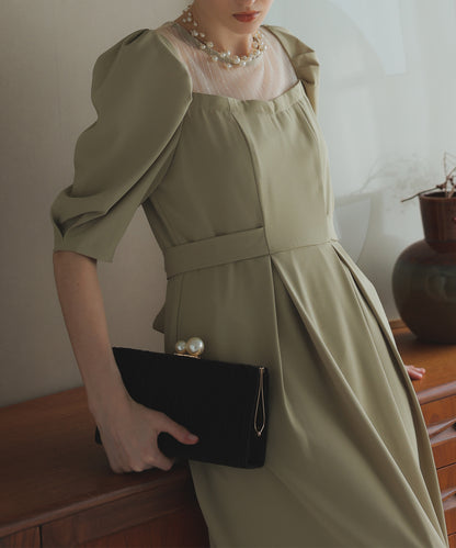 【SALE】リボンベルト付パフスリーブドレス/22323203