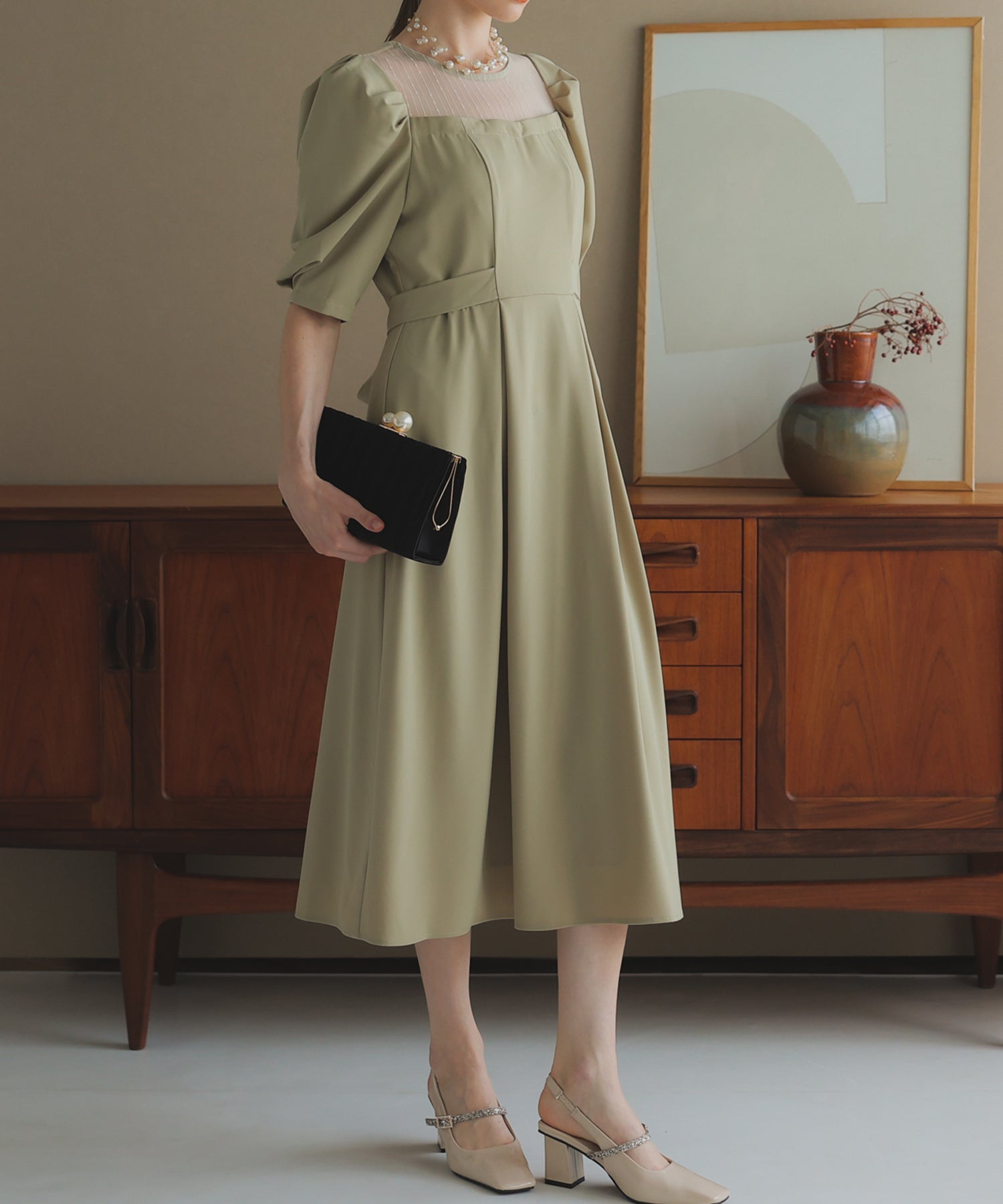 【SALE】リボンベルト付パフスリーブドレス/22323203