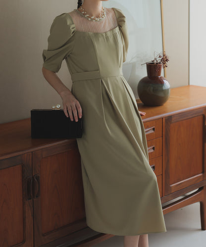 【SALE】リボンベルト付パフスリーブドレス/22323203