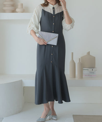 【SALE】シャツ風ギャザー袖マーメイドドレス/22323214