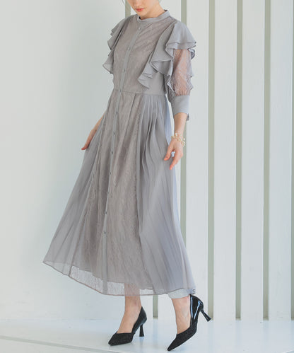 【SALE】フェミニンフリル7分袖レースドレス/22323219