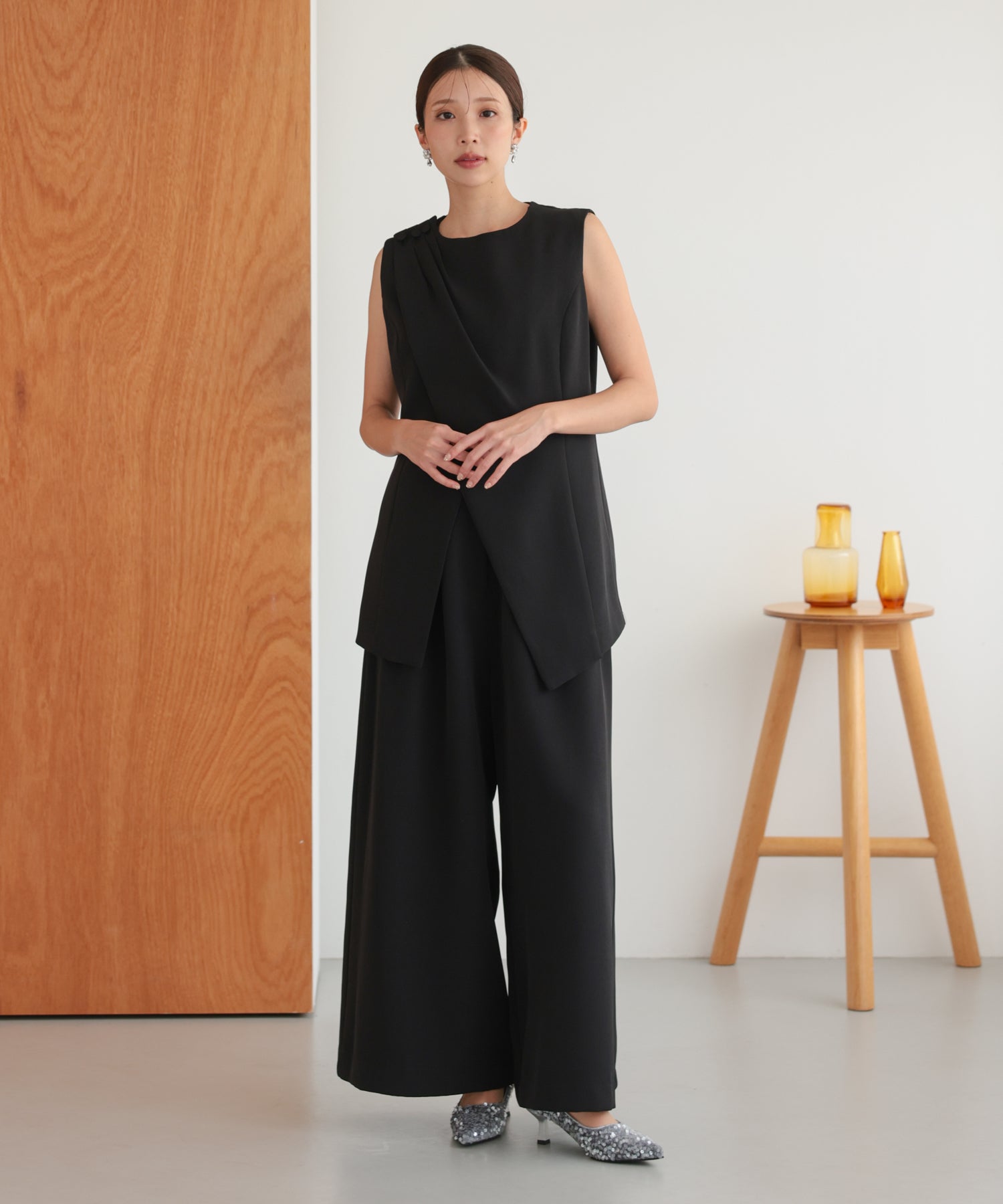 アシンメトリードレープパンツセットアップスーツ/22125609