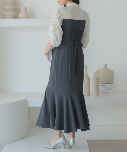 【SALE】シャツ風ギャザー袖マーメイドドレス/22323214