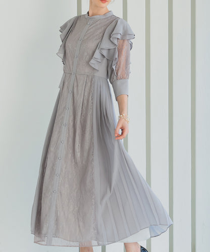 【SALE】フェミニンフリル7分袖レースドレス/22323219