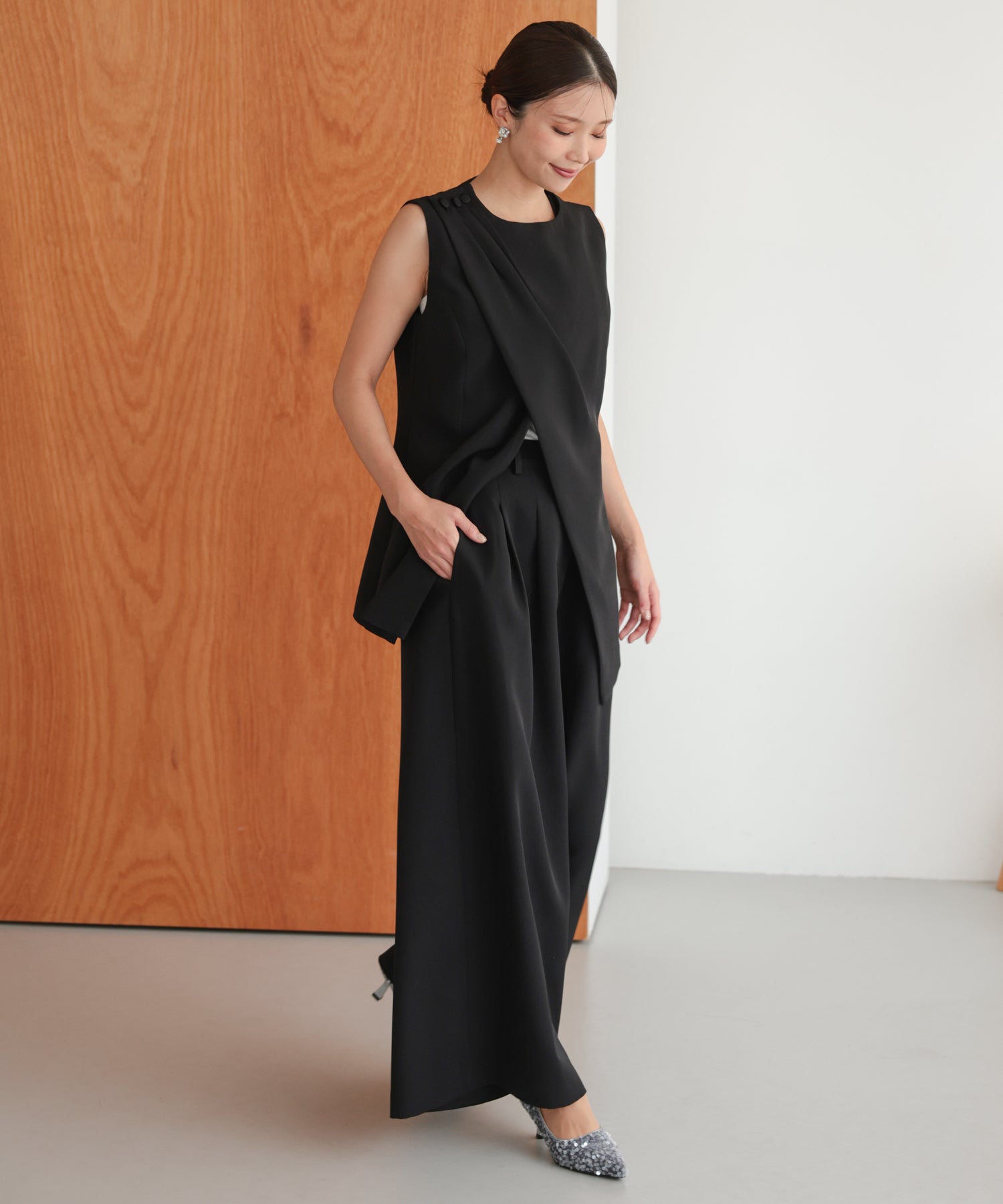 アシンメトリードレープパンツセットアップスーツ/22125609