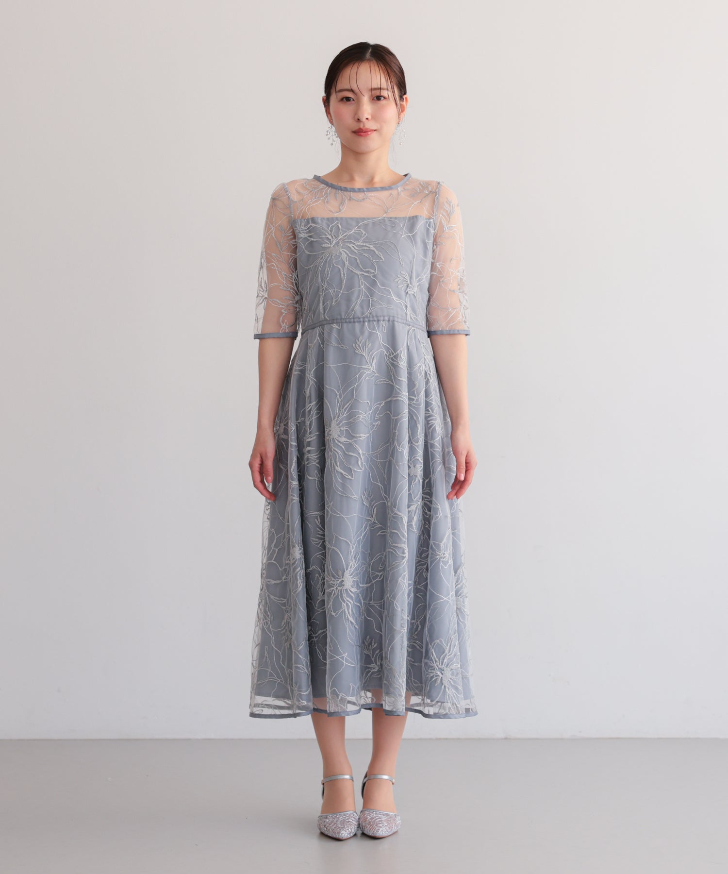 cacco 小花柄ドレス グレー×ライトブルー サイズF 小花柄ドレス