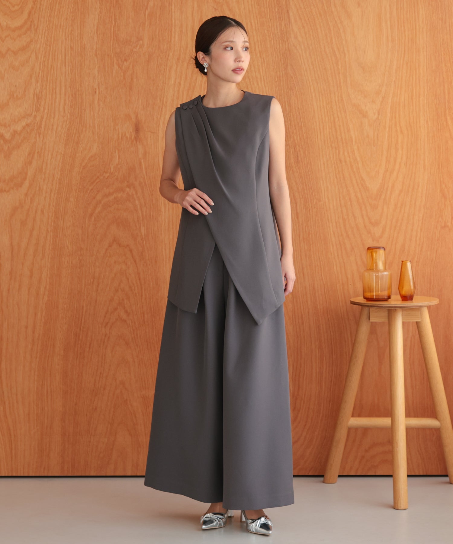 アシンメトリードレープパンツセットアップスーツ/22125609