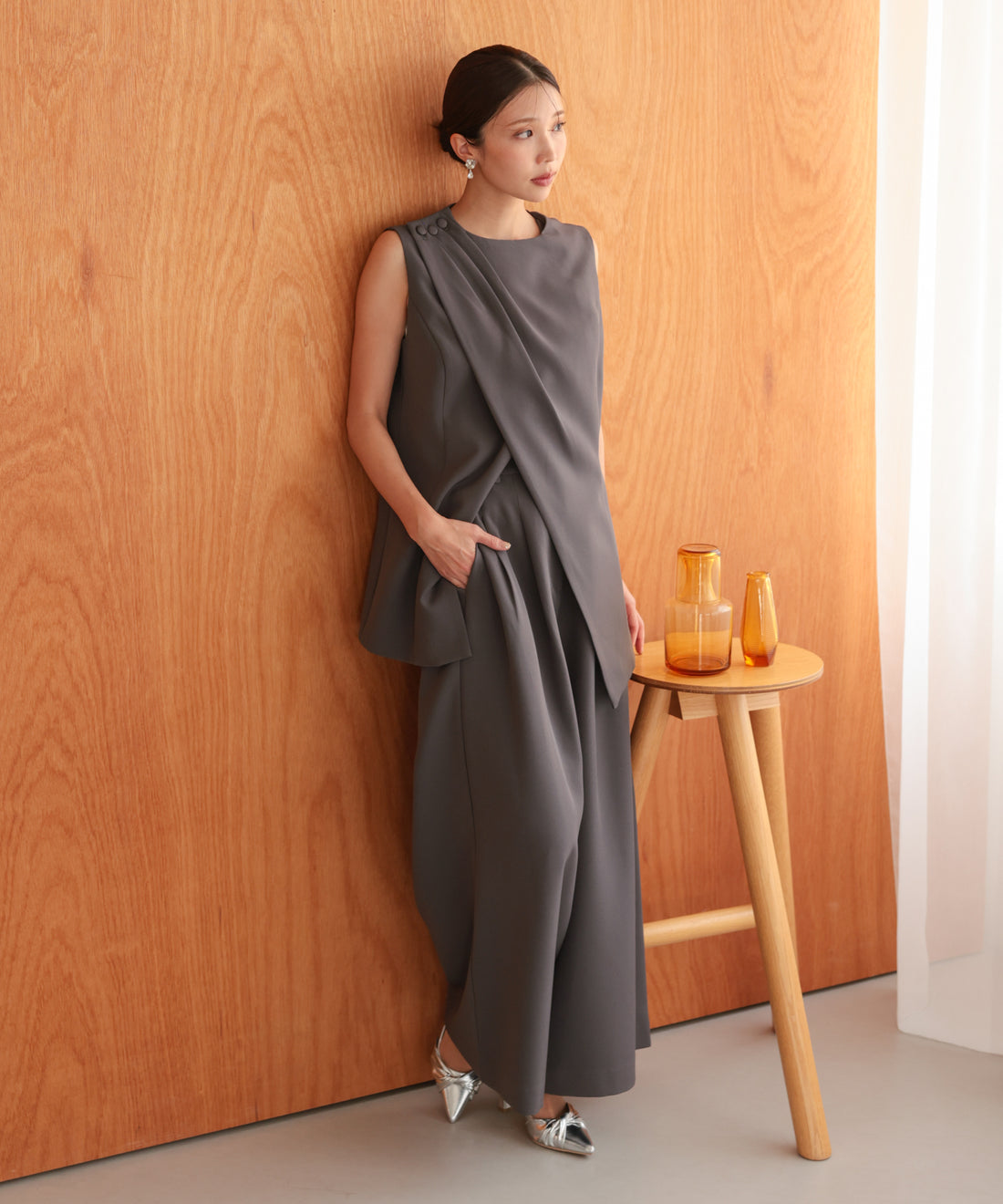 アシンメトリードレープパンツセットアップスーツ/22125609